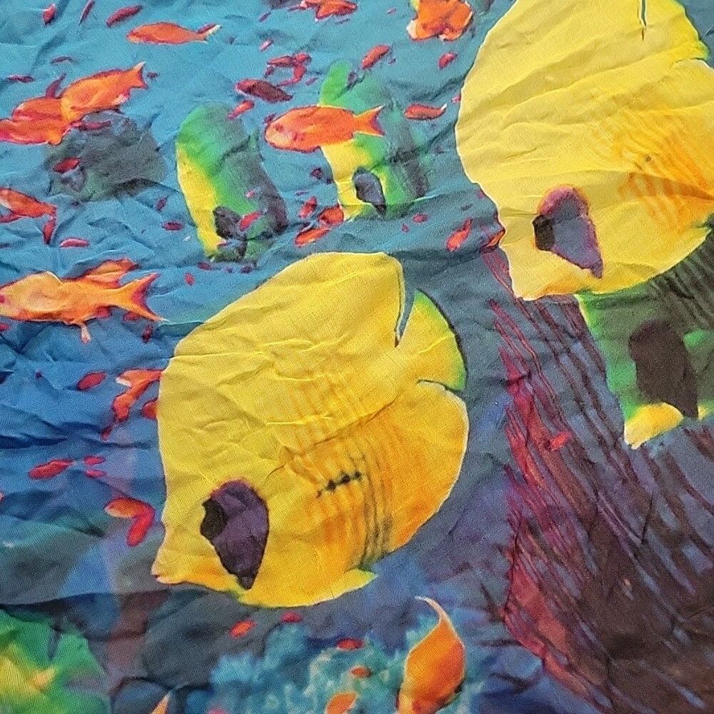 Womens Colorful Fish Print Rectangle Scarf Blue Green Lightweight Soft Spring